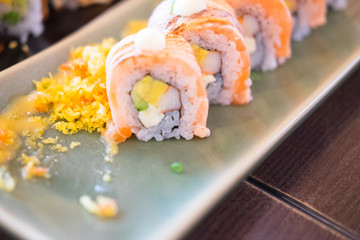 Sushi roll with salmon and shrimp tempura