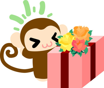 A pretty monkey and a big present box