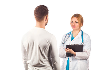 Female doctor holding application form while consulting patient.