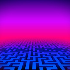 Retro gaming hipster neon landscape with labyrinth