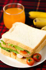 Breakfast,sausage,lettuce and tomatoes sandwich on white plate