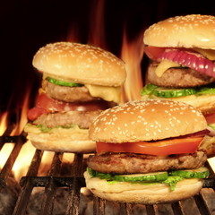 Cheeseburgers Homemade Hamburgers On The Hot Flaming BBQ Grill