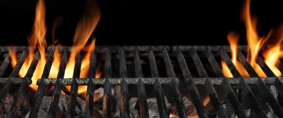 Barbecue Fire Grill Isolated On The Black Background, Close Up
