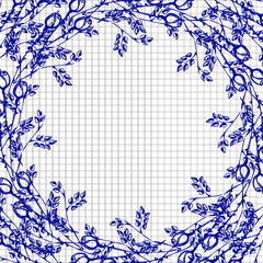 Floral frame. Hand drawn roses and leaves arranged in a shape of the circle. Vector design. Imitation of inc penciling. Series of Cards, Blanks and Forms.