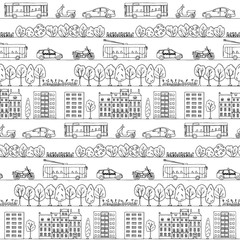 Seamless pattern with hand drawn city street