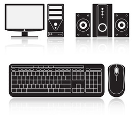 Icons of computer, audio system, keyboard and mouse