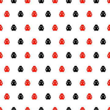 Seamless vector pattern with insects, symmetrical background with bright red and black decorative ladybugs,  on the white backdrop. Series of Animals and Insects Seamless Patterns.