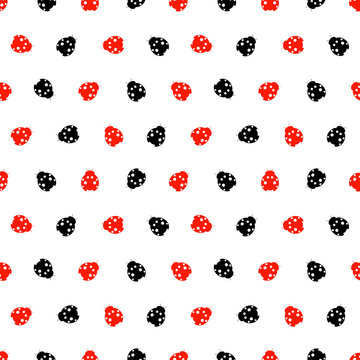 Seamless vector pattern with insects, chaotic background with bright red and black decorative ladybugs,  on the white backdrop. Series of Animals and Insects Seamless Patterns.