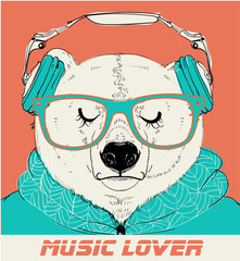 Naklejka premium Polar Bear with glasses and headphones