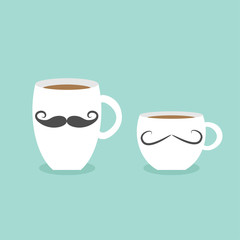 Coffee cup mug moustaches and lips. Blue background Flat modern simply design