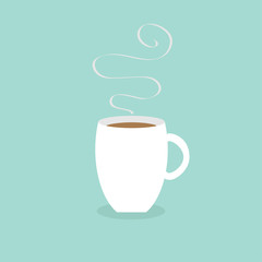 Coffee cup mug with smoke steam Blue background Flat modern simply design