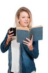 Woman with coffee and book