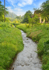 Fototapeta na wymiar Creek flowing through green fields. Spring landscape flowing stream