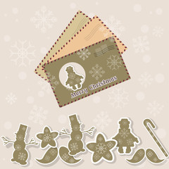 Vintage christmas card new year retro ornaments snowman elf