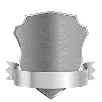 Metal Shield With Ribbon. Scratched Metal Texture.