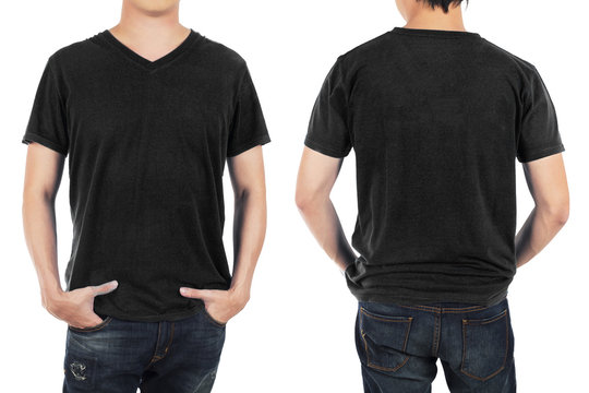 Close up of man in front and back black shirt on white backgroun