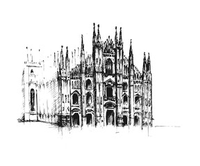 Milan Cathedral. Gothic architecture. Vector hand drawn illustration.