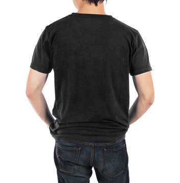 Close up of man in back black shirt on white background.