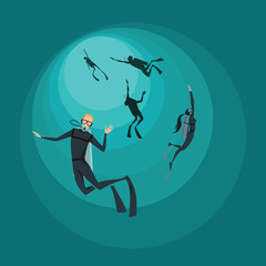 Set of vector illustrations of divers in cartoon style