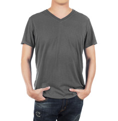 Obraz premium Close up of man in front grey shirt on white background.