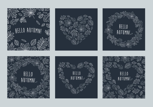 Hello autumn! Set of images of leaves of different trees. Fall of the leaves. Hearts and wreath composed of white autumn line art leaves on dark background. Sketch, design elements. Vector.