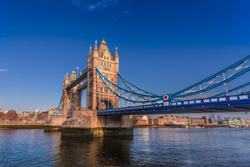 Tower bridge of London city, United Kingdom, clear blue sky.
