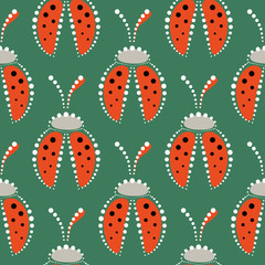 Seamless vector pattern with insects, symmetrical background with red decorative  closeup ladybugs,  on the green backdrop. Series of Animals and Insects Seamless Patterns.