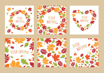 Fall of the leaves. Set of images of leaves of different trees. Hello autumn! Backgrounds with hand drawn autumn leaves. Sketch, design elements. Vector.