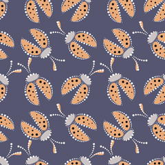 Seamless vector pattern with insects, chaotic background with pastel decorative closeup ladybugs,  on the blue backdrop. Series of Animals and Insects Seamless Patterns.