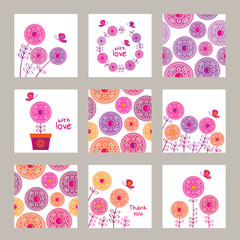 Big set of Greeting cards for March 8, Valentine's Day, Mother's Day, birthday, wedding invitations. Spring decorative flowers with butterfly. Doodles, sketch for your design. Vector illustration.