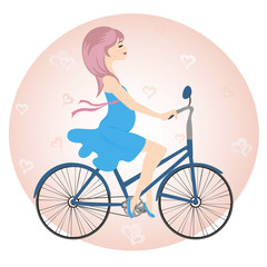 Pregnant girl in blue dress rides a Bicycle on a background of hearts. Vector illustration. Horizontal.