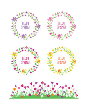 Hello spring. Spring flowers. Wreath of flowers and leaves. Spring, summer elements for your design for wedding, birthday and other holidays. Vector illustration.