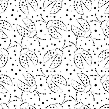 Seamless vector pattern with insects, chaotic black and white background with decorative closeup ladybugs and dots,  on the blue backdrop. Series of Animals and Insects Seamless Patterns.