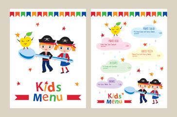 Fototapeta premium Kids menu vector template. Kids menu for a pirate birthday party. Colorful menu for cafes, restaurants. Cover for children's menu. Sketch for your design. Vector illustration.