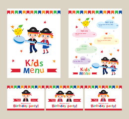 Kids menu vector template. Kids menu for a pirate birthday party. Invitation to a children's party. Pirate birthday. Menu for cafes, restaurants. Cover for children's menu. Sketch for your design.