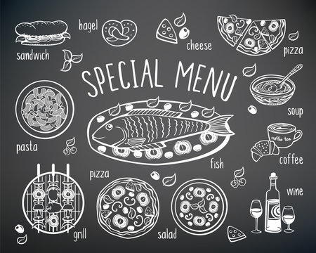 Set of elements for restaurant, cafe menu. Hand drawing with chalk on the black chalkboard. Sketch, design elements. Vector illustration.