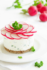 Obraz na płótnie Canvas Snack-cheesecake made ​​from cottage cheese with onions and radishes.