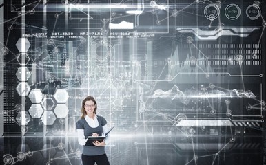 Composite image of happy woman writing in diary 