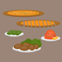 Common main and side dishes, pide, dolma, kisir and kofte. Turkish pizza, lentil salad, cutlet and stuffed grape leaves. Traditional food of Turkish cuisine.