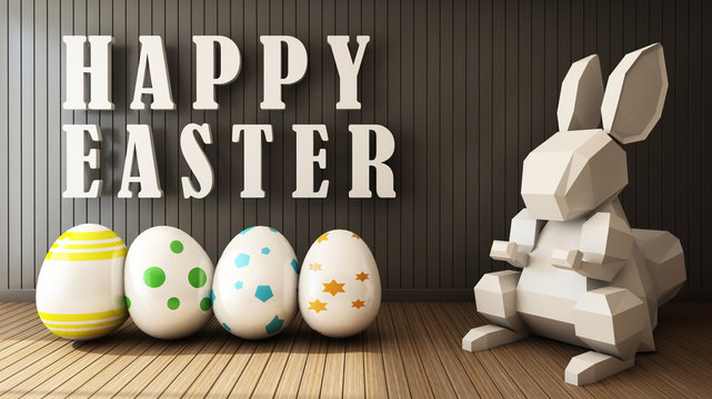 Rabbit white lowpolygon and easter eggs pattern colorful on wood floor text " HAPPY EASTER" on wall wood - 3d render image