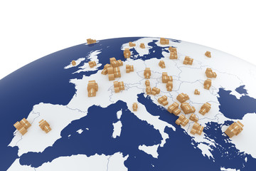 Cardboard boxes on the Europe map