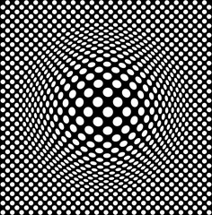 An emerging sphere on a dotted plan, simple optical illusion of a space distortion in black and white.