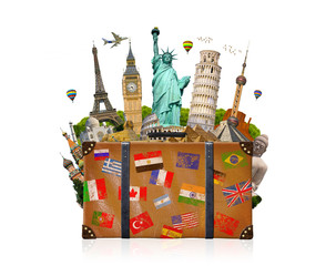 Travel bag full of famous monument of the world  on white backgr
