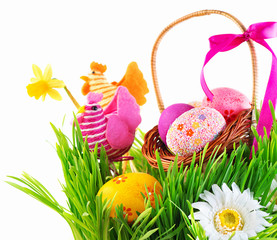 Easter scene background. Colorful eggs in spring grass isolated on white
