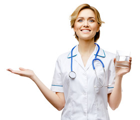 Woman doctor standing on white background