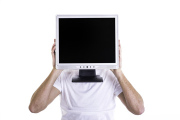 young man holding pc screen in front of his head