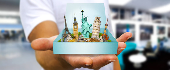 Young man holding travel box in his hand