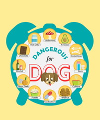 Infographic poster about food and snacks that are dangerous for your dog and may cause intoxication. A set of icons including avocado, mushroom, dairy, coffee, etc.