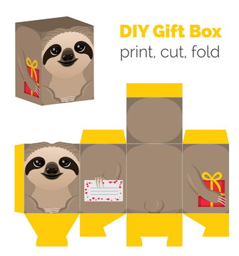 Adorable Do It Yourself DIY sloth gift box for sweets, candies, small presents. Printable color scheme. Print it on thick paper, cut out, fold according to the lines