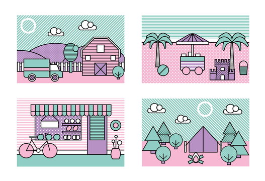 Stylized modern minimalistic vector city places illustrations. Farm, beach, bakery shop, camping.